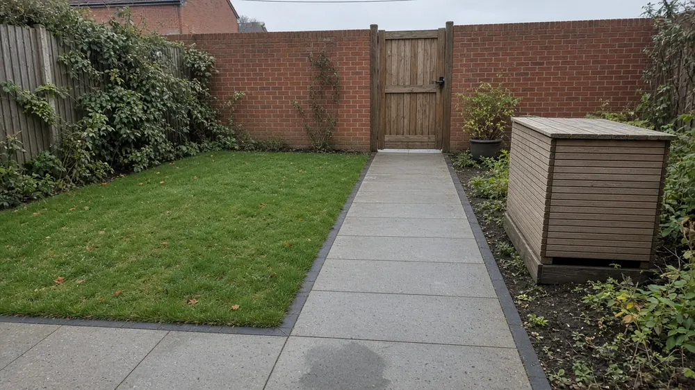 Example image of a straight slab path across a Marton back garden to a gate