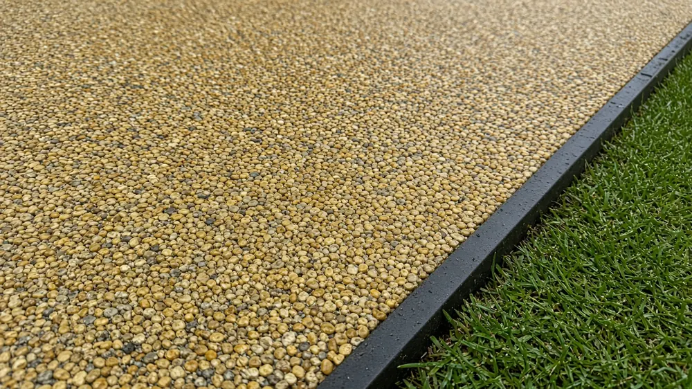 Example image of a resin-bound surface beside metal edging and lawn, an option for Ormesby paths