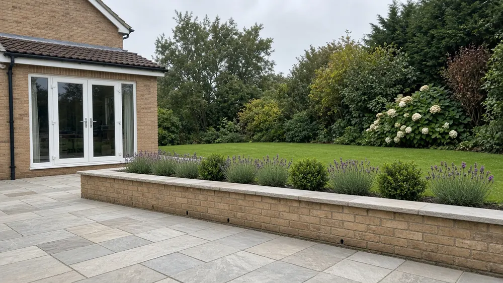Example image of a buff-brick retaining wall beside a grey sandstone patio, a common Ormesby garden layout